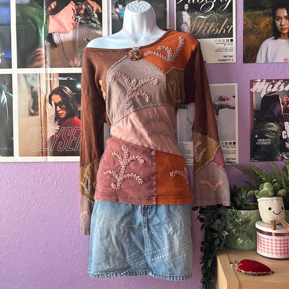 Y2K Patchwork Top XXL Brown Boho 100% Cotton